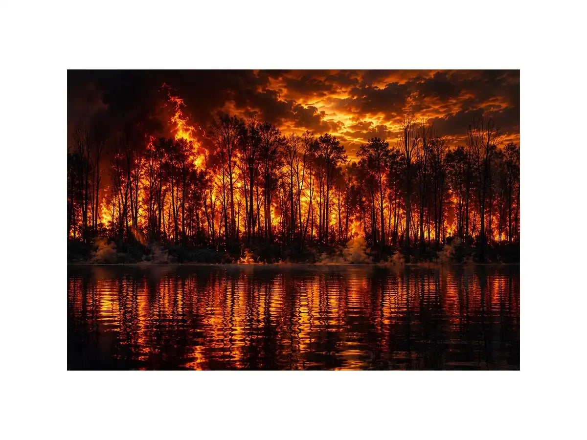 Dramatic wildfire forest landscape with blazing flames reflected on water   wall art canvas