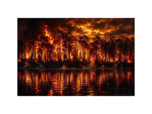 Dramatic wildfire forest landscape with blazing flames reflected on water   wall art canvas
