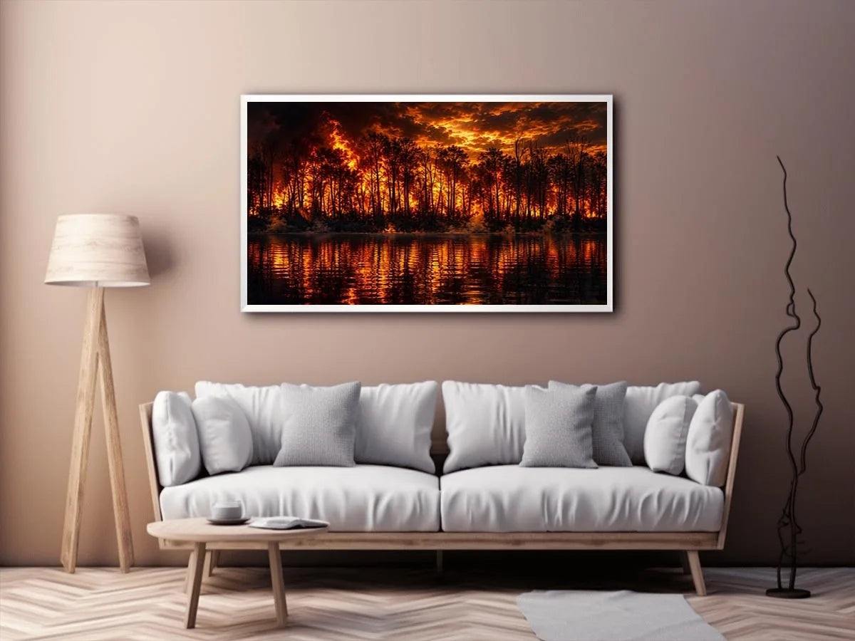 Dramatic wildfire forest landscape with blazing flames reflected on water   wall art canvas