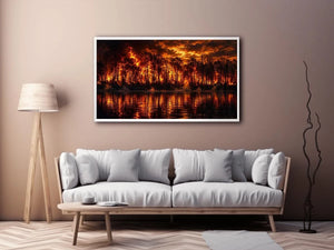 Dramatic wildfire forest landscape with blazing flames reflected on water   wall art canvas