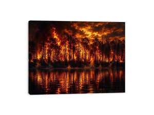 Dramatic wildfire forest landscape with blazing flames reflected on water   wall art canvas