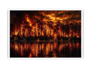 Dramatic wildfire forest landscape with blazing flames reflected on water   wall art canvas