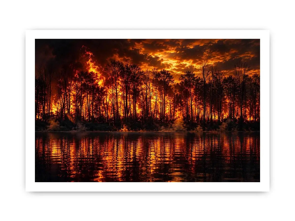 Dramatic wildfire forest landscape with blazing flames reflected on water   wall art canvas