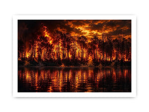 Dramatic wildfire forest landscape with blazing flames reflected on water   wall art canvas