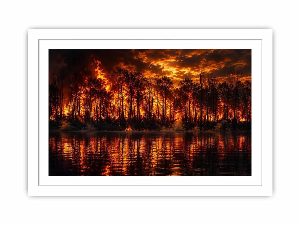 Dramatic wildfire forest landscape with blazing flames reflected on water   wall art canvas