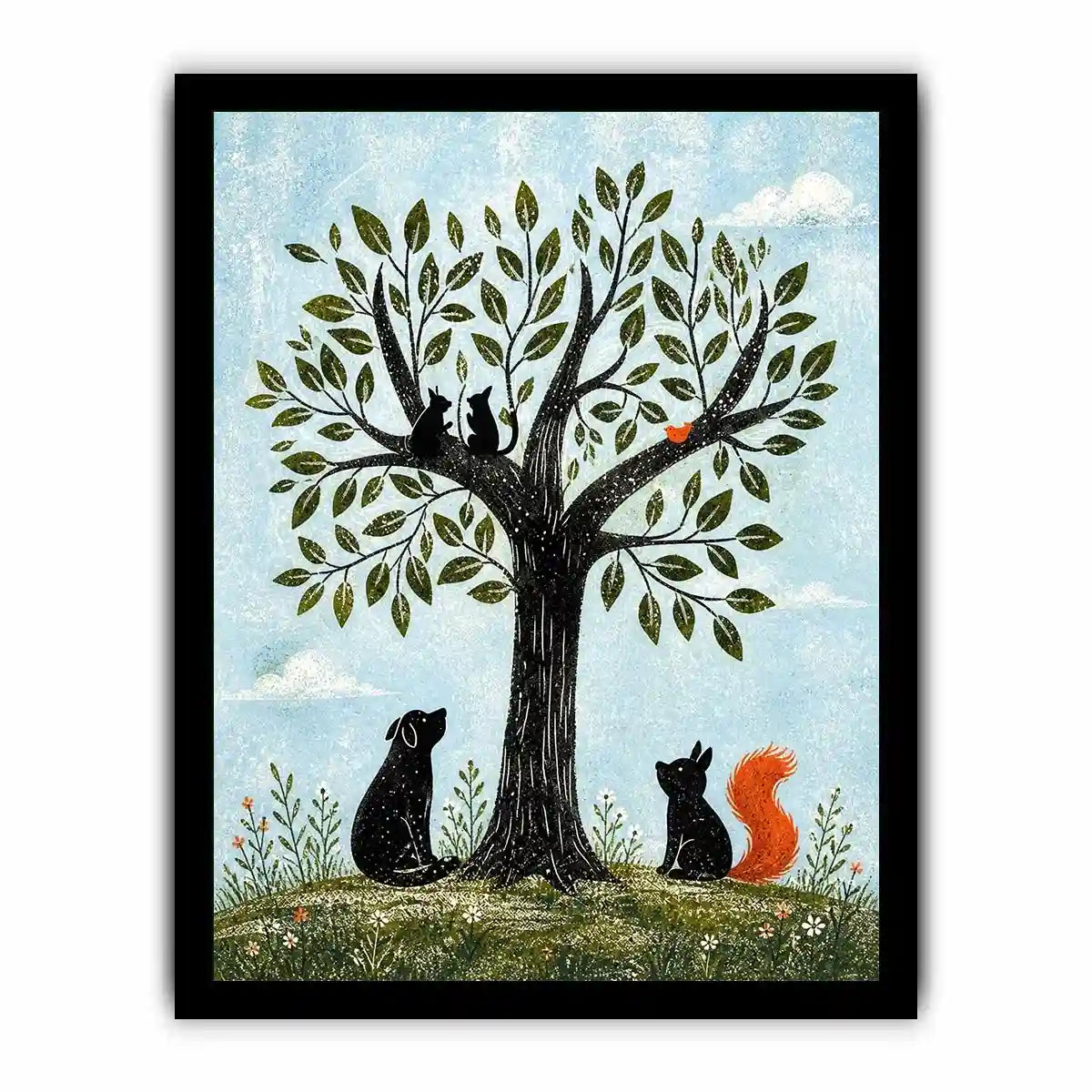 Minimalist illustration of animals under a tree with cats, dog, squirrel and bird in soft tones