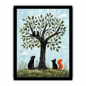 Minimalist illustration of animals under a tree with cats, dog, squirrel and bird in soft tones