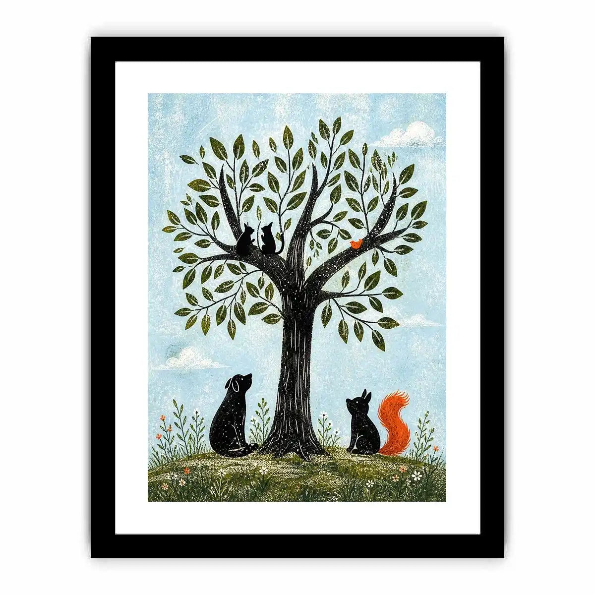 Minimalist illustration of animals under a tree with cats, dog, squirrel and bird in soft tones