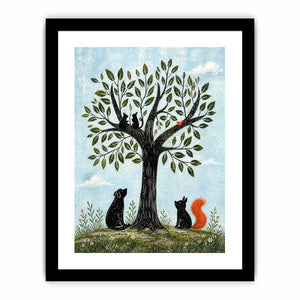 Minimalist illustration of animals under a tree with cats, dog, squirrel and bird in soft tones