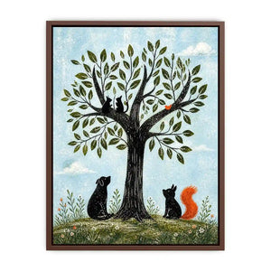 Minimalist illustration of animals under a tree with cats, dog, squirrel and bird in soft tones
