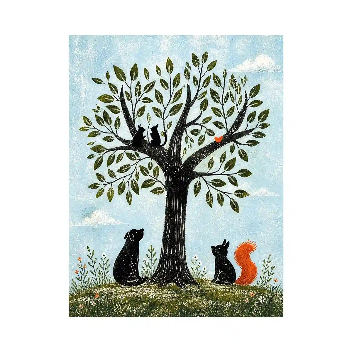 Minimalist illustration of animals under a tree with cats, dog, squirrel and bird in soft tones