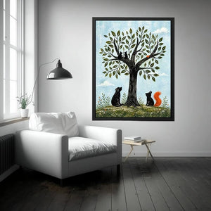 Minimalist illustration of animals under a tree with cats, dog, squirrel and bird in soft tones
