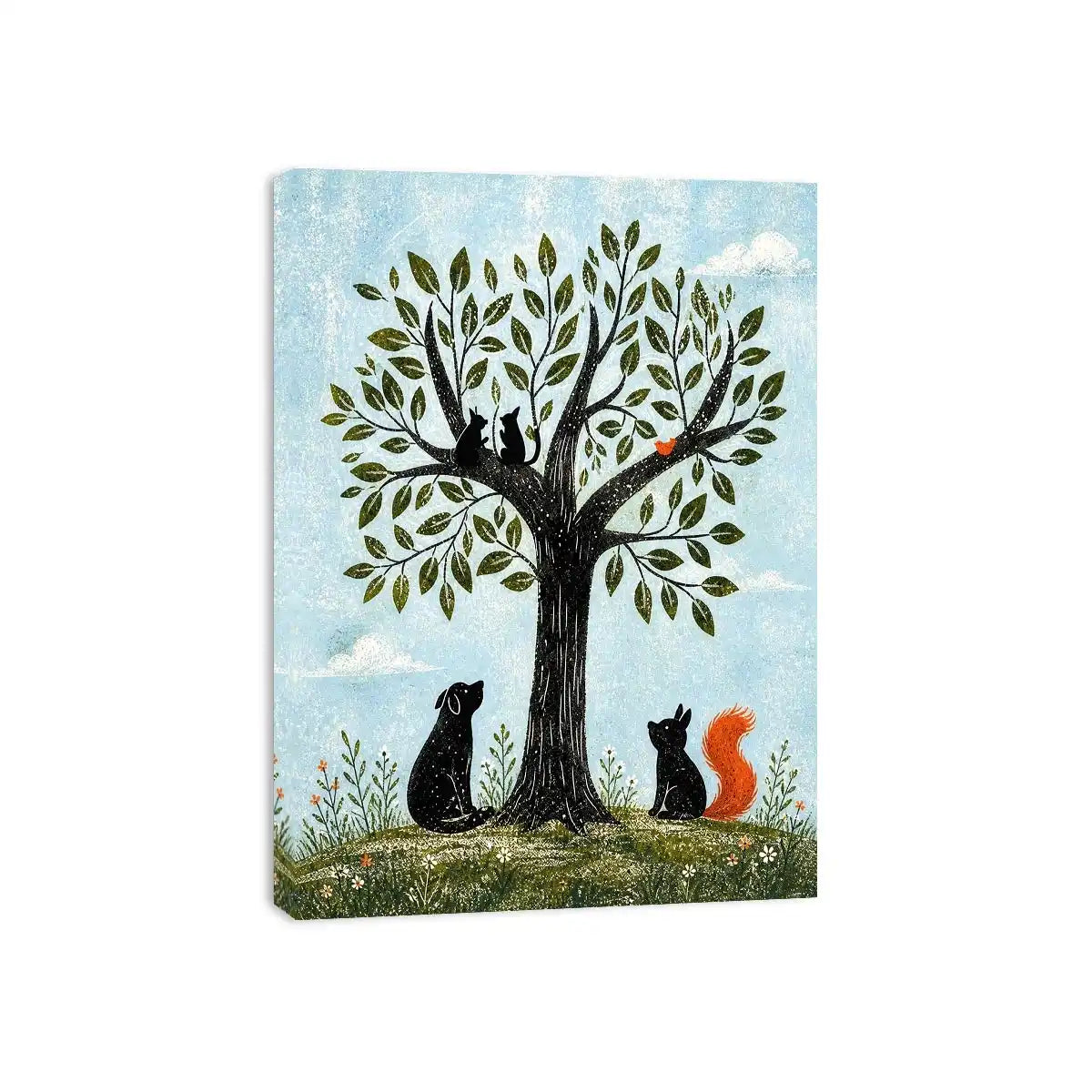 Minimalist illustration of animals under a tree with cats, dog, squirrel and bird in soft tones