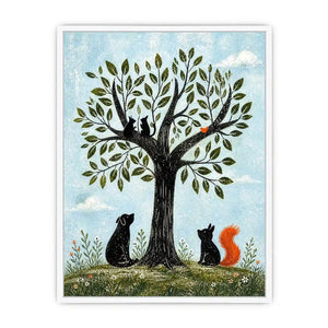 Minimalist illustration of animals under a tree with cats, dog, squirrel and bird in soft tones