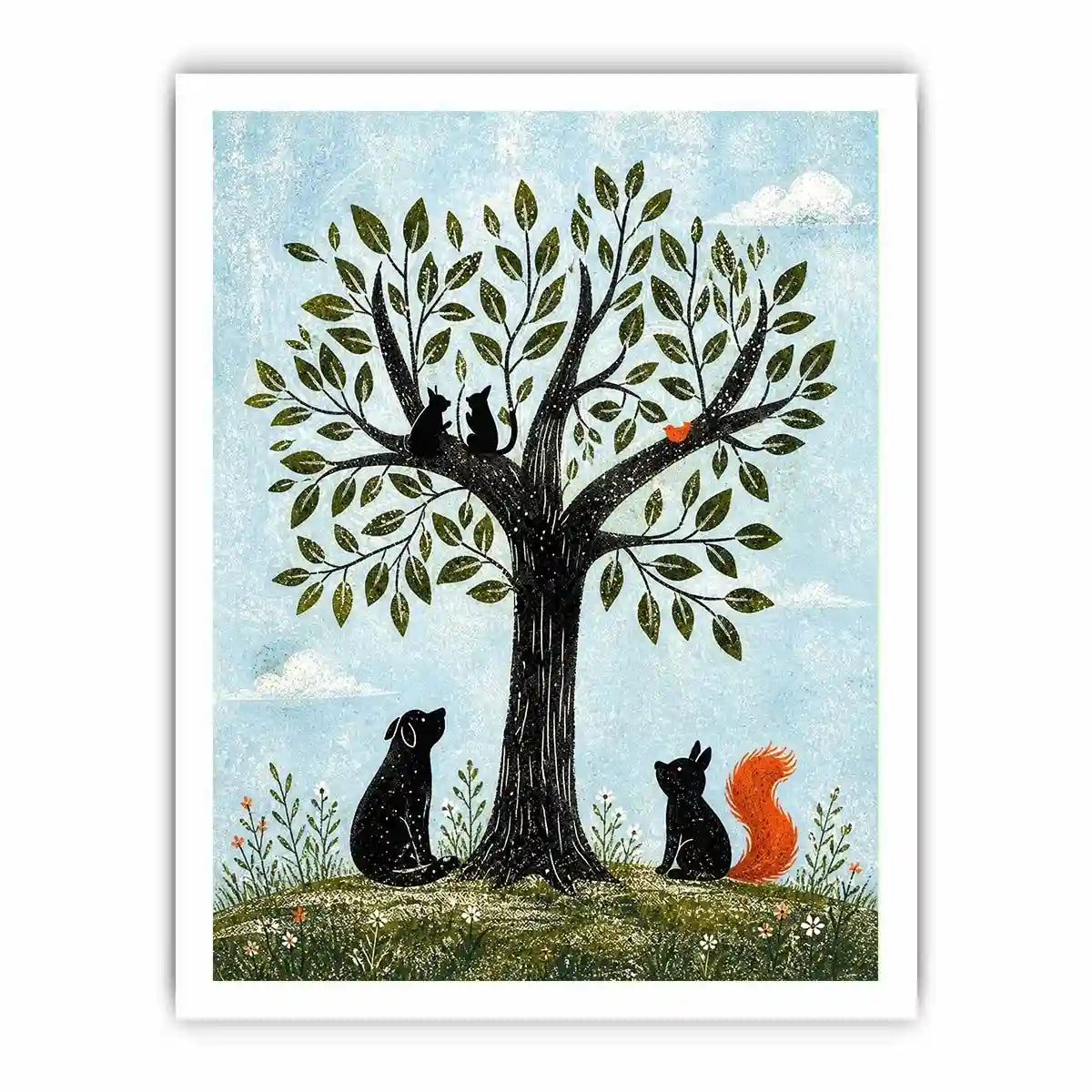 Minimalist illustration of animals under a tree with cats, dog, squirrel and bird in soft tones