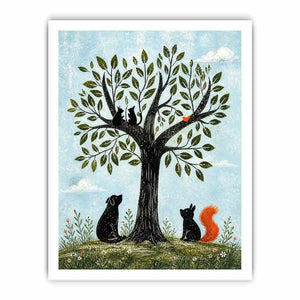 Minimalist illustration of animals under a tree with cats, dog, squirrel and bird in soft tones