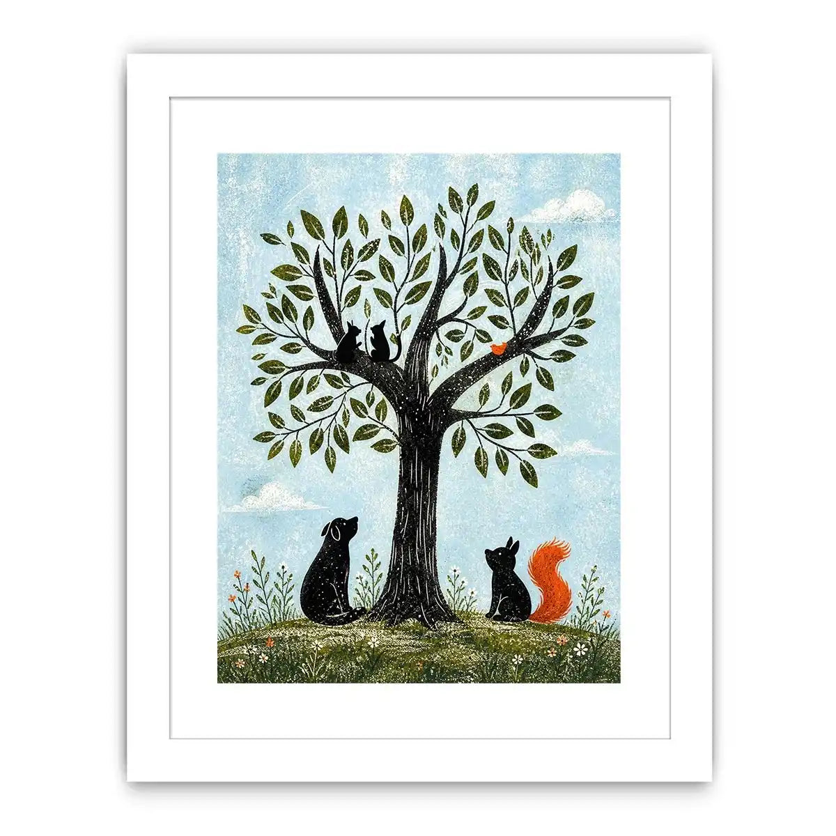Minimalist illustration of animals under a tree with cats, dog, squirrel and bird in soft tones