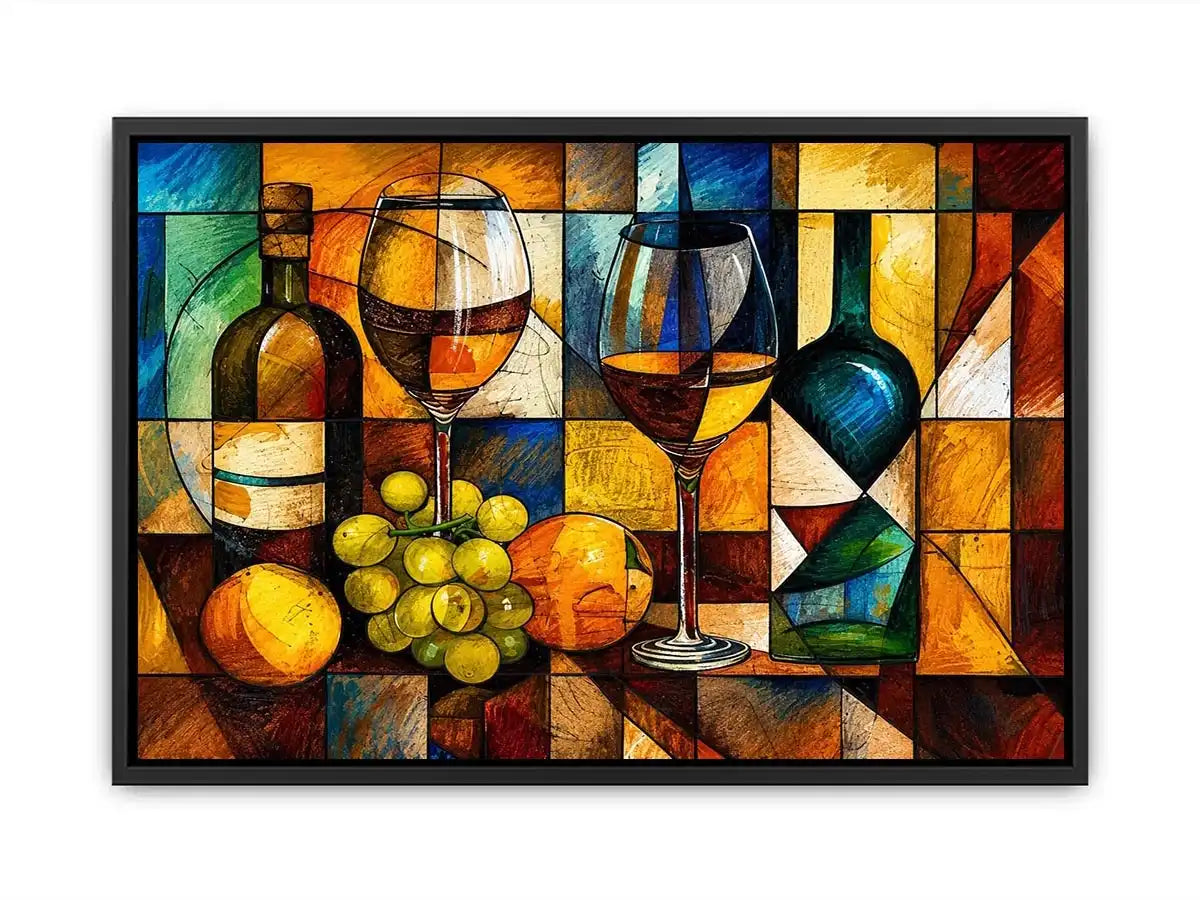 Abstract wine bottle and glass still life painting with geometric cubist style luxury wall art canvas