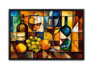 Abstract wine bottle and glass still life painting with geometric cubist style luxury wall art canvas