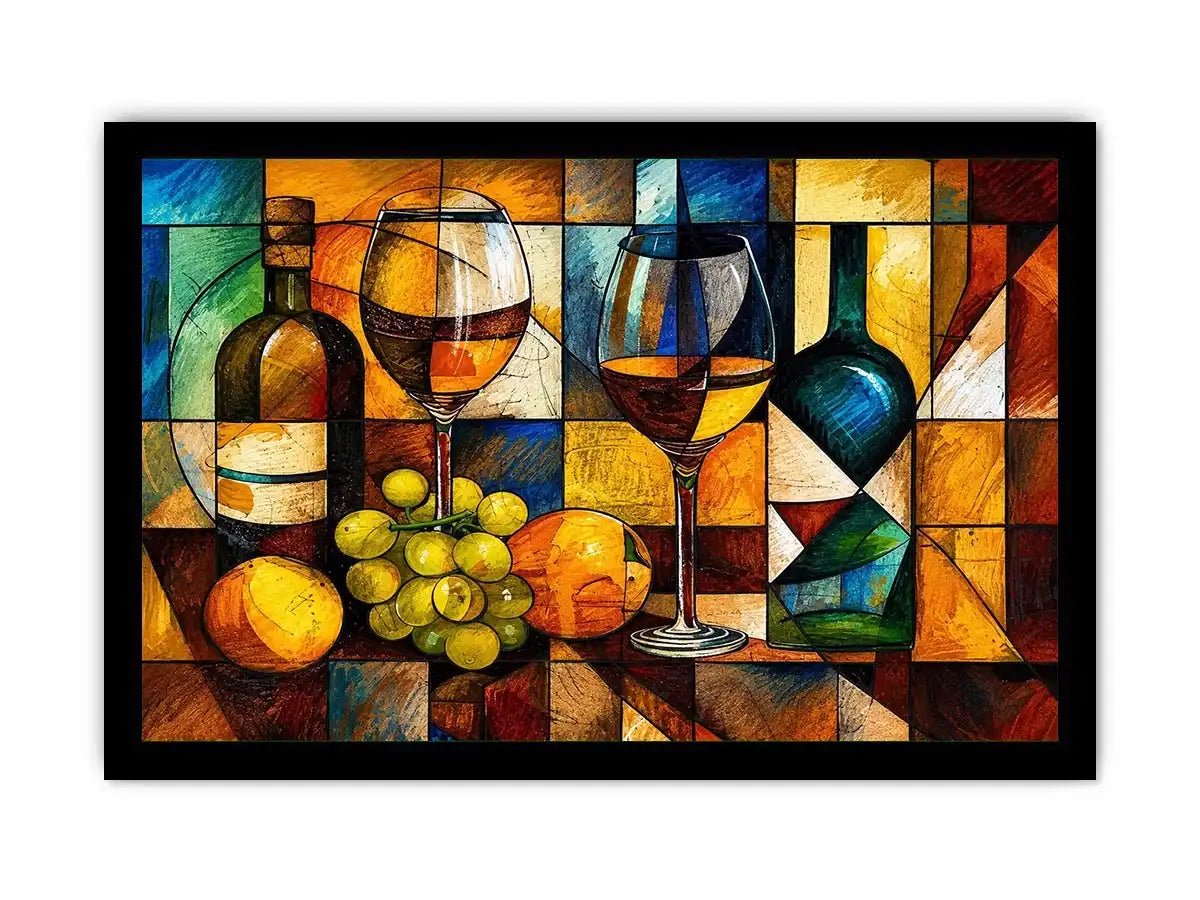 Abstract wine bottle and glass still life painting with geometric cubist style luxury wall art canvas