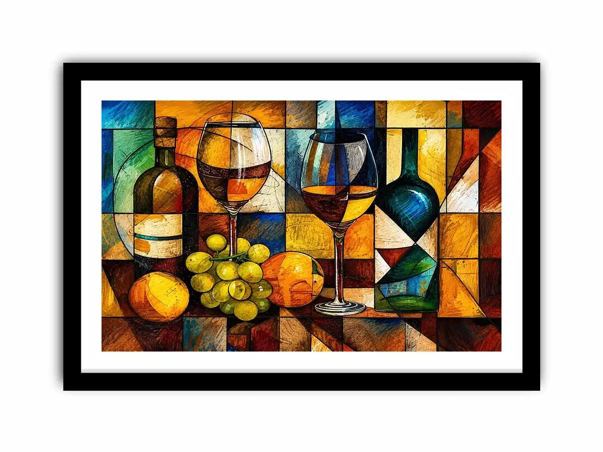 Abstract wine bottle and glass still life painting with geometric cubist style luxury wall art canvas