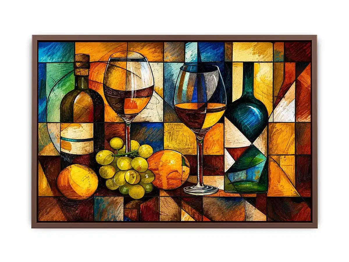 Abstract wine bottle and glass still life painting with geometric cubist style luxury wall art canvas