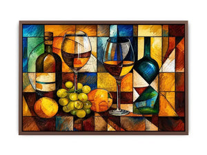 Abstract wine bottle and glass still life painting with geometric cubist style luxury wall art canvas