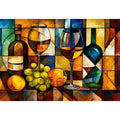 Abstract wine bottle and glass still life painting with geometric cubist style luxury wall art canvas