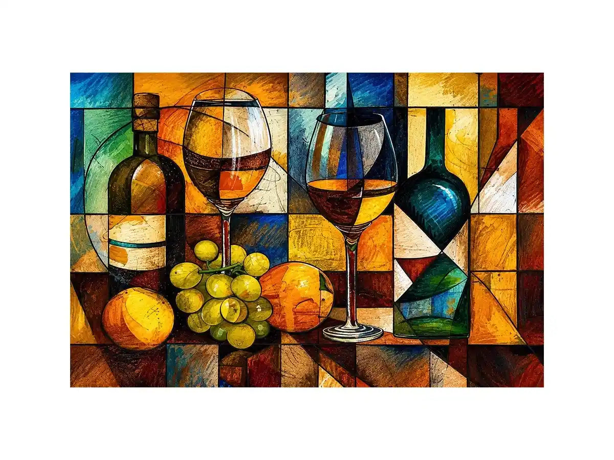 Abstract wine bottle and glass still life painting with geometric cubist style luxury wall art canvas