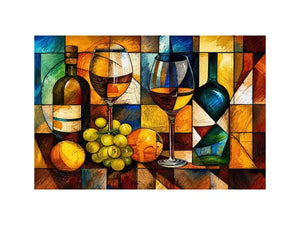 Abstract wine bottle and glass still life painting with geometric cubist style luxury wall art canvas