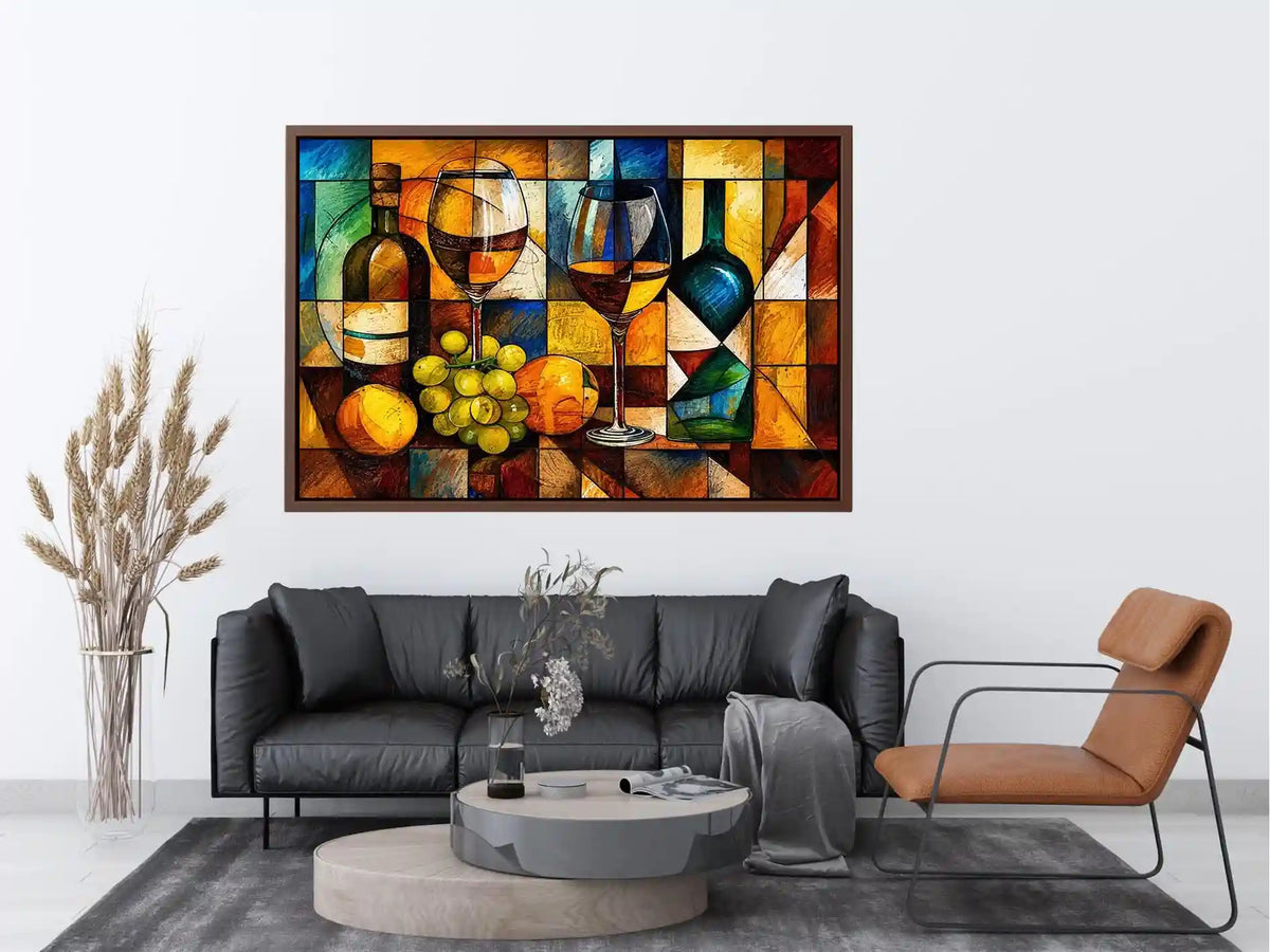 Abstract wine bottle and glass still life painting with geometric cubist style luxury wall art canvas