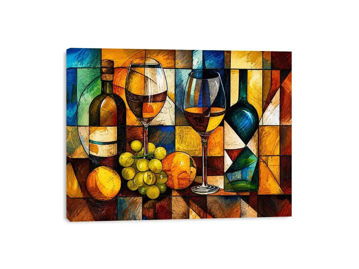 Abstract wine bottle and glass still life painting with geometric cubist style luxury wall art canvas