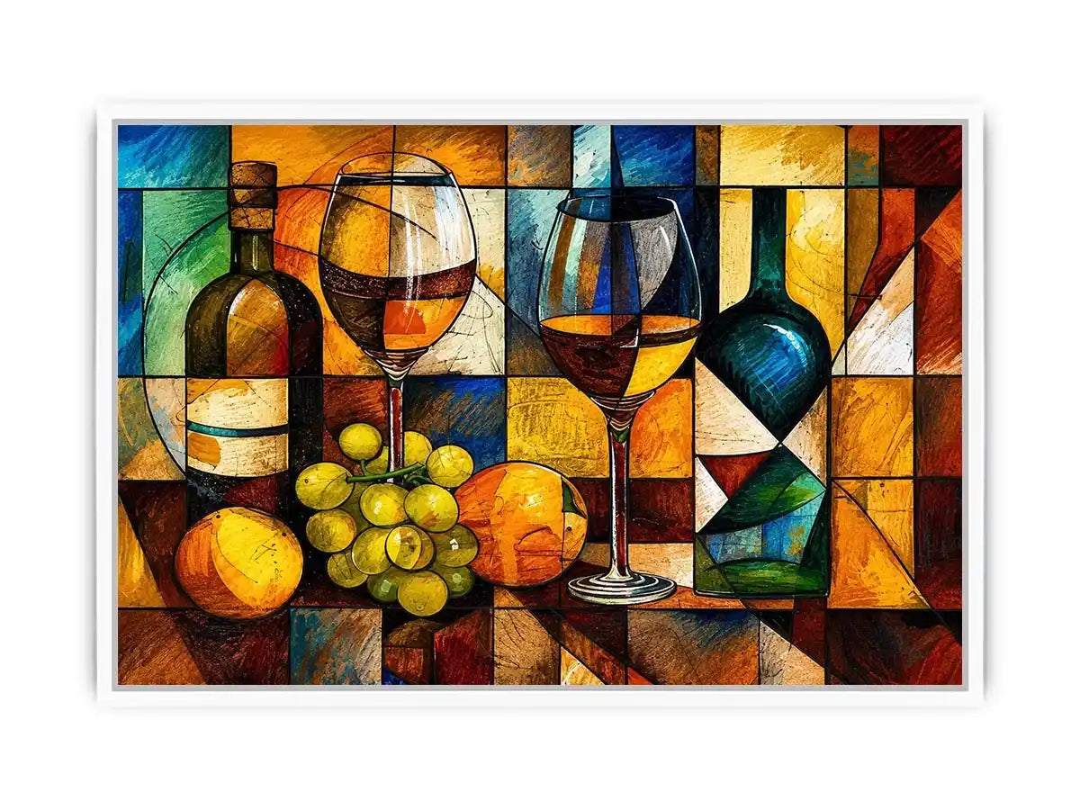 Abstract wine bottle and glass still life painting with geometric cubist style luxury wall art canvas
