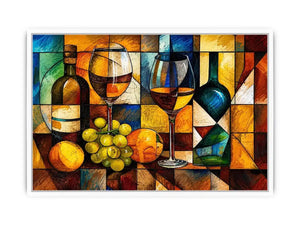 Abstract wine bottle and glass still life painting with geometric cubist style luxury wall art canvas