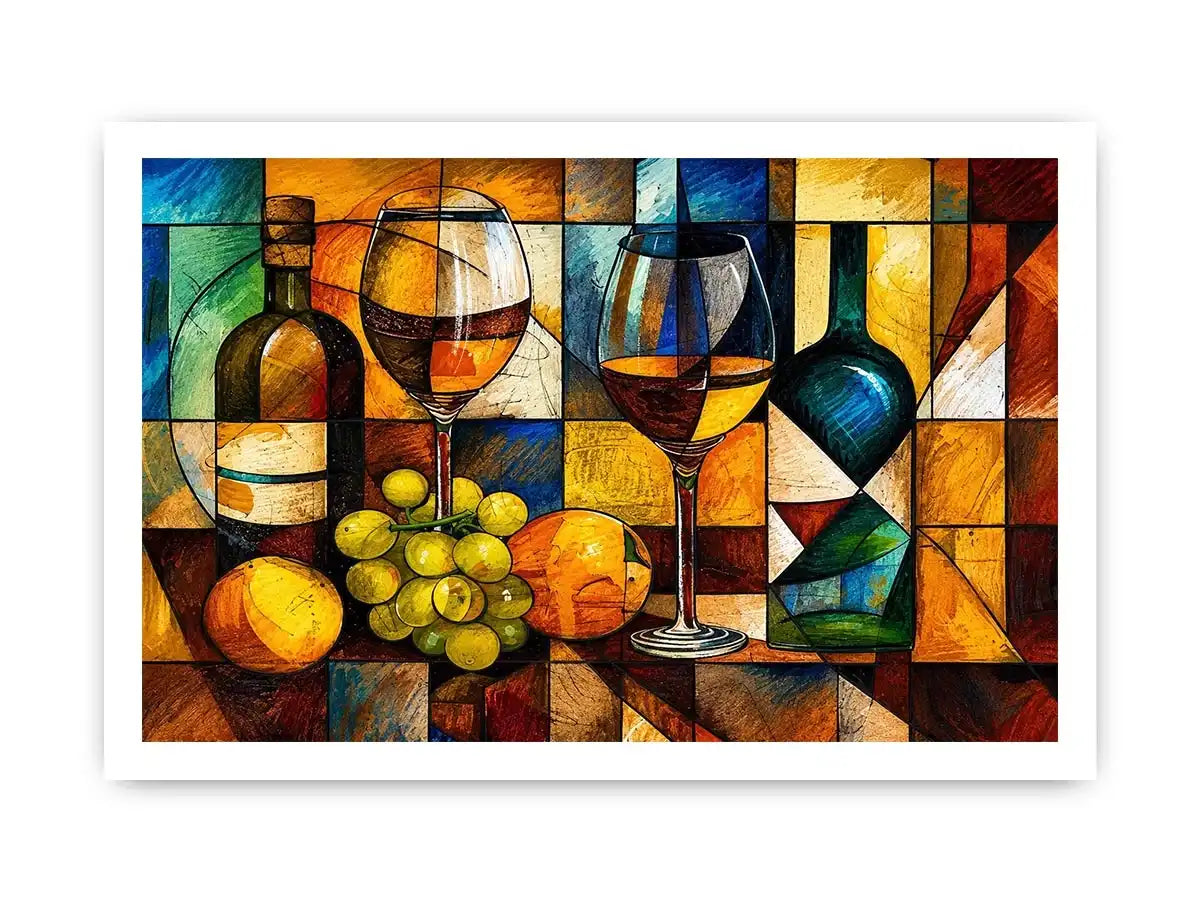 Abstract wine bottle and glass still life painting with geometric cubist style luxury wall art canvas