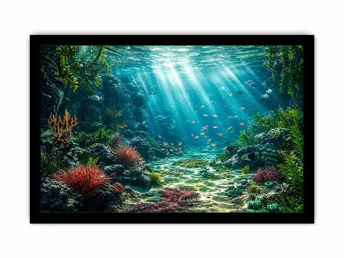 Underwater coral reef ocean landscape with sunlight rays and tropical sea life wall art canvas