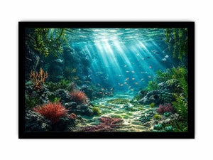 Underwater coral reef ocean landscape with sunlight rays and tropical sea life wall art canvas
