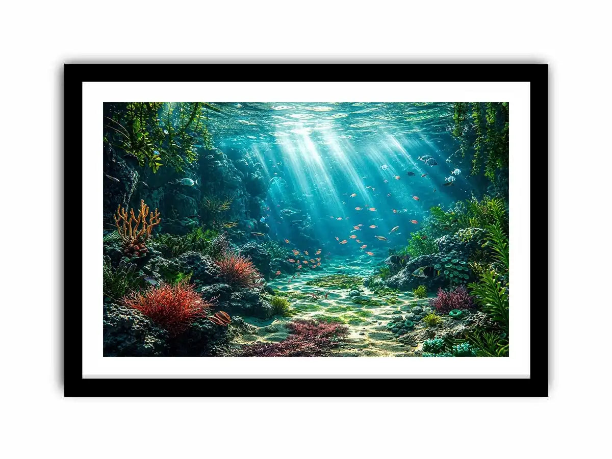 Underwater coral reef ocean landscape with sunlight rays and tropical sea life wall art canvas