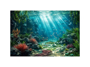 Underwater coral reef ocean landscape with sunlight rays and tropical sea life wall art canvas