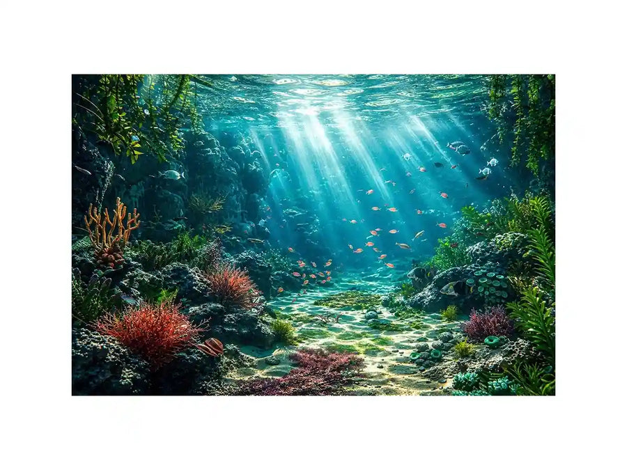Underwater coral reef ocean landscape with sunlight rays and tropical sea life wall art canvas
