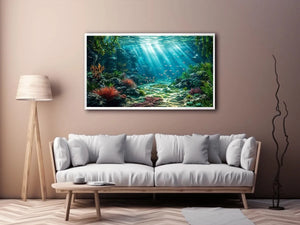 Underwater coral reef ocean landscape with sunlight rays and tropical sea life wall art canvas