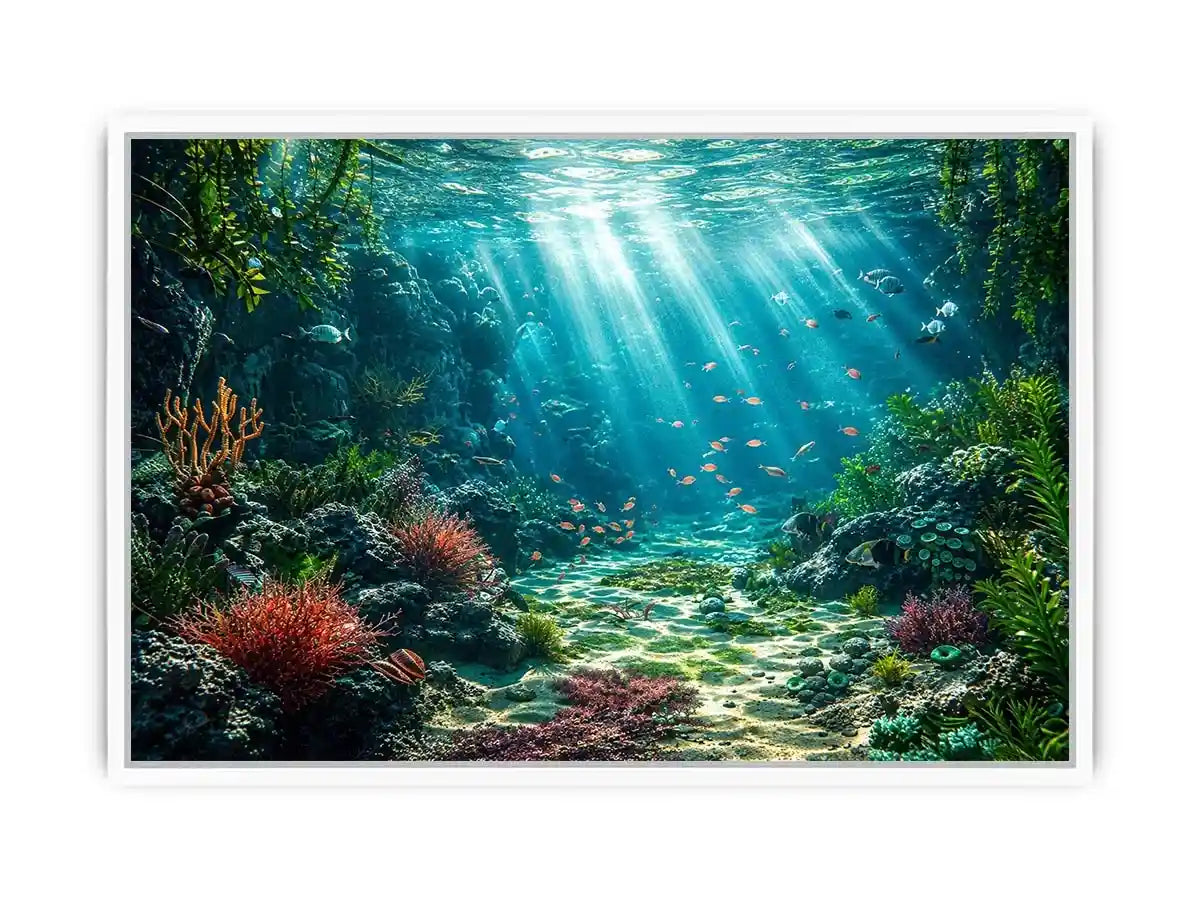Underwater coral reef ocean landscape with sunlight rays and tropical sea life wall art canvas