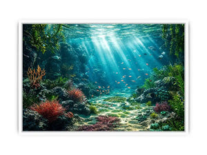 Underwater coral reef ocean landscape with sunlight rays and tropical sea life wall art canvas