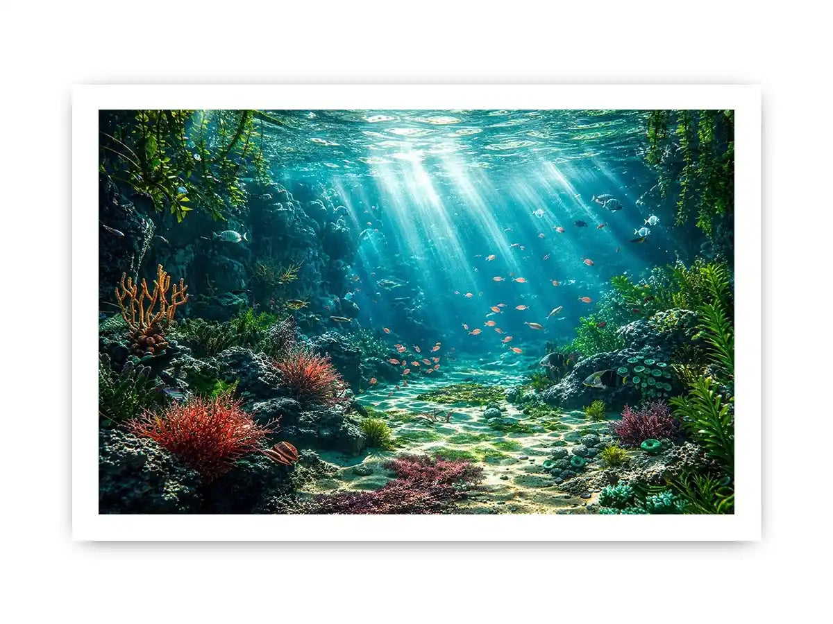 Underwater coral reef ocean landscape with sunlight rays and tropical sea life wall art canvas