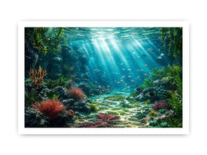 Underwater coral reef ocean landscape with sunlight rays and tropical sea life wall art canvas
