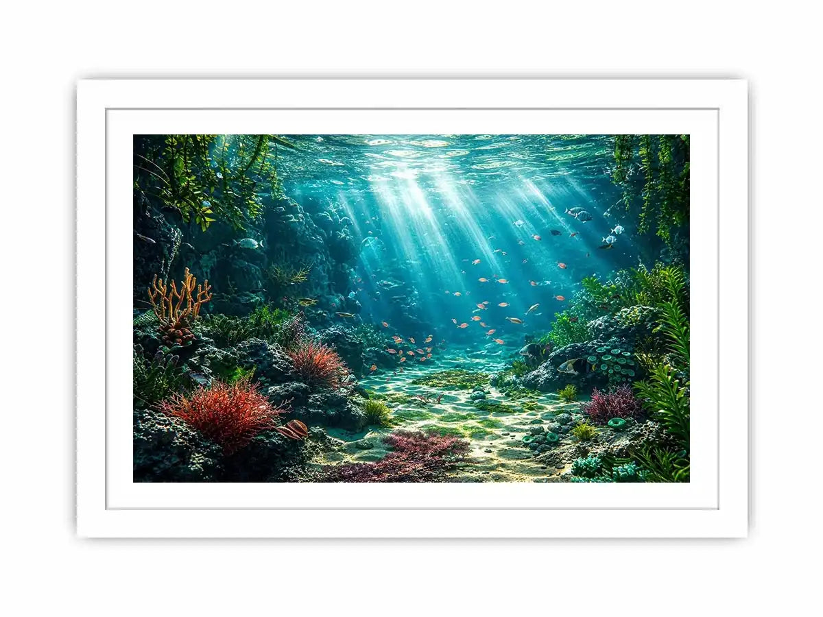 Underwater coral reef ocean landscape with sunlight rays and tropical sea life wall art canvas