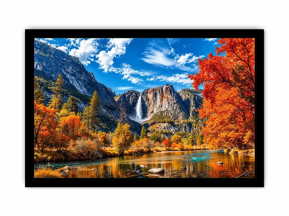 Autumn mountain waterfall landscape with vibrant orange trees and river reflection   wall art canvas