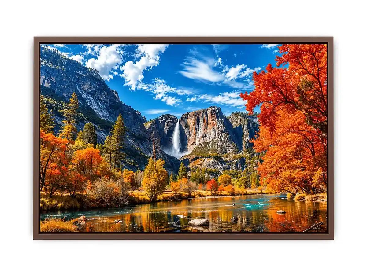 Autumn mountain waterfall landscape with vibrant orange trees and river reflection   wall art canvas