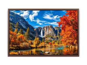 Autumn mountain waterfall landscape with vibrant orange trees and river reflection   wall art canvas
