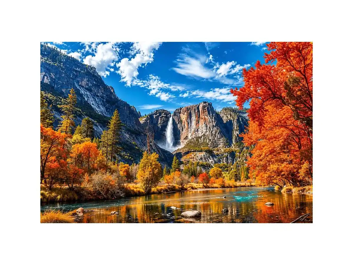 Autumn mountain waterfall landscape with vibrant orange trees and river reflection   wall art canvas